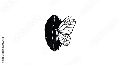 Delicate butterfly emerging from dark abstract shape, symbolizing transformation and new beginnings.