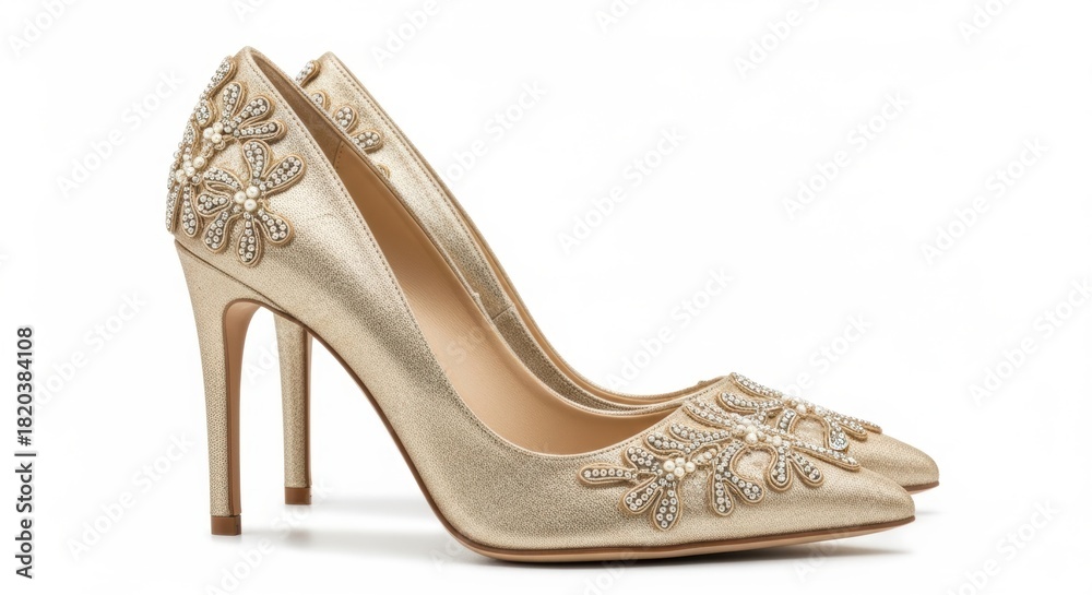 Fototapeta premium Elegant gold glitter high heels with embellishments, isolated on white background