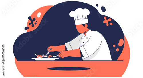 A chef meticulously plates a dish with small tongs, showcasing culinary precision and artistry in a modern, colorful illustration style against a white background.