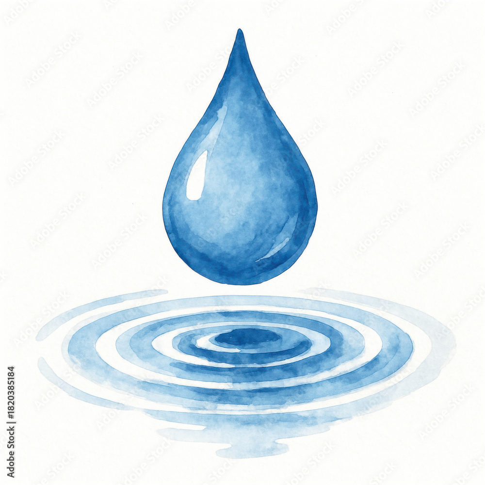 Fototapeta premium Blue water droplet creates beautiful circular ripples serene surface. This refreshing watercolor illustration, against pristine white background, evokes sense of purity, calm, and natural elegance