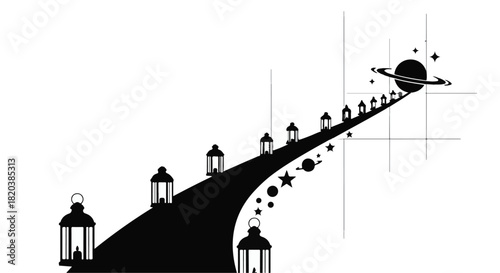 Journey through the cosmos, guided by celestial lanterns towards a distant planet