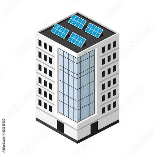 Modern isometric vector illustration of a multi-story eco-friendly office building equipped with rooftop solar panels for sustainable urban energy