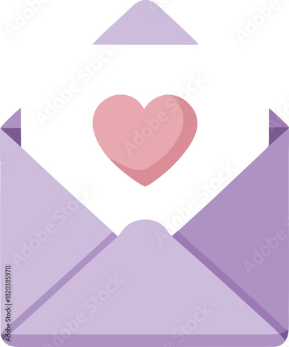 A delicate purple envelope is open revealing a white card with a soft pink heart illustration on it isolated on white background.