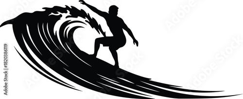 Black silhouette of a surfer riding a dynamic wave surfing ocean