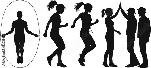 Black silhouette figures jumping rope and high-fiving on white background high five fitness