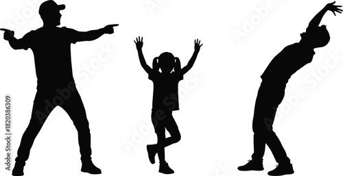 Black silhouette of three people dancing and pointing on white background vector
