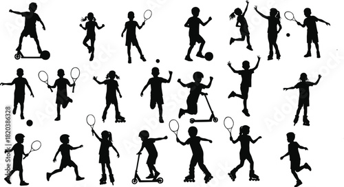Black silhouettes of children playing sports and riding scooters kids black and white