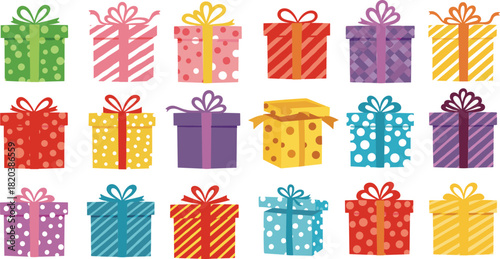 Collection of colorful gift boxes with ribbons and bows present celebration