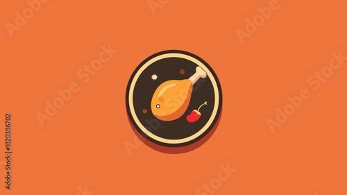 A vibrant vector logo design featuring a roasted chicken leg and a red chili pepper set against a circular orange background, representing spicy food.