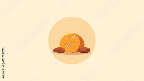 A flat vector icon featuring three square golden butterscotch or caramel candies stacked with two almonds, enclosed within a circular border.