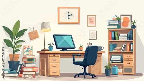 A comparison illustration showing two workspace environments: a cozy, personalized home office on the left versus a structured, organized corporate office setting on the right.