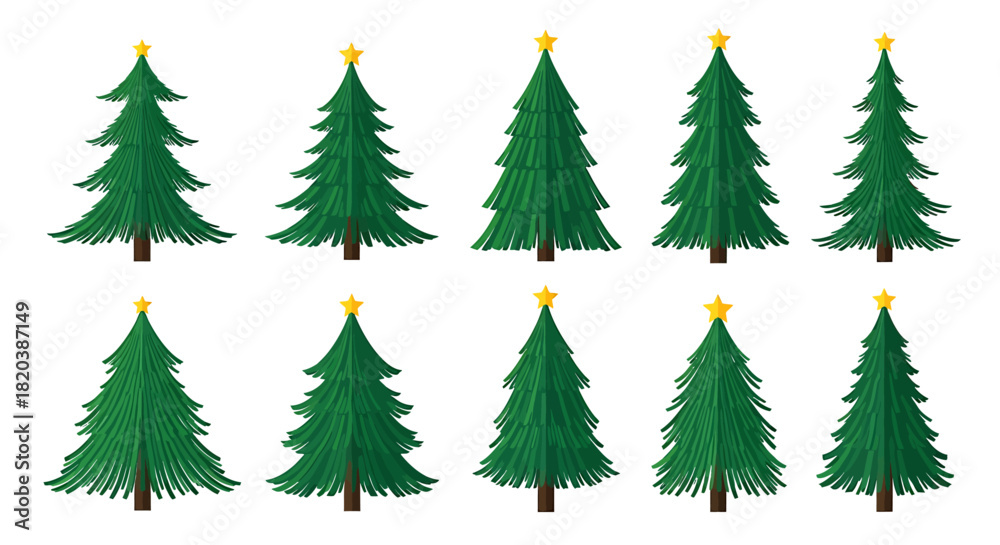 Fototapeta premium Set of Christmas Trees with Golden Stars