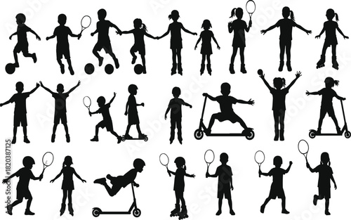 Diverse children silhouettes engaged in various sports and activities kids