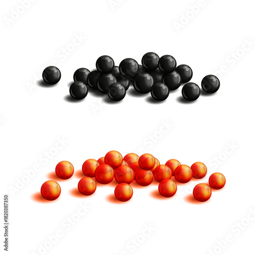 Set of black and red two piles fish caviar realistic 3d vector, shiny gourmet delicacy roe isolated on white background for menu or luxury seafood packaging mockup.
