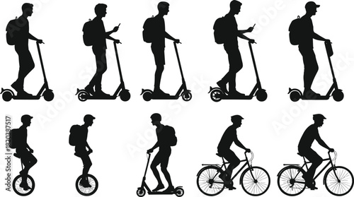Silhouettes of people riding electric scooters unicycles and bicycles person male