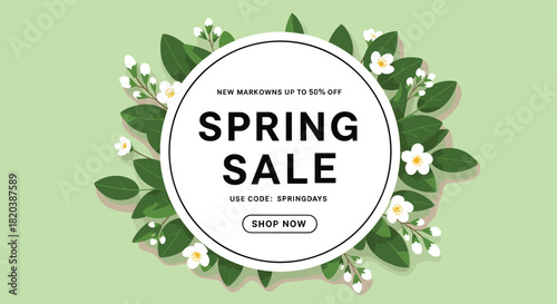 Spring Sale Announcement with Floral Border and Shop Now Button discount offer