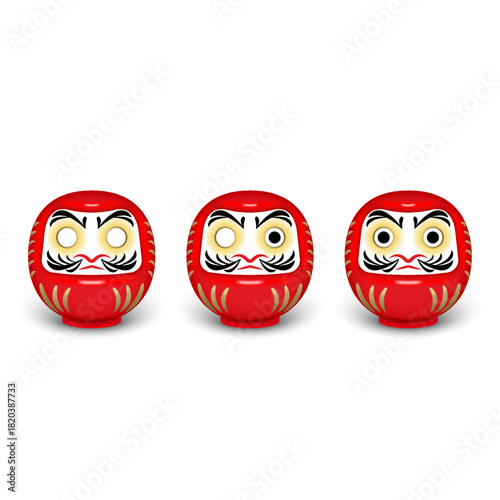 Set of three red daruma dolls realistic 3d vector illustration isolated on white background front view, showing goal setting process with one eye and two eyes, japanese traditional amulet mockup.