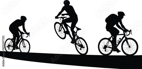 Three black silhouette cyclists on bicycles on a dark road against white background cycling sport