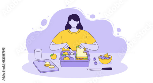 A faceless woman prepares a healthy lunchbox with fresh ingredients and fruits, promoting wellness and mindful eating habits in a modern lifestyle.