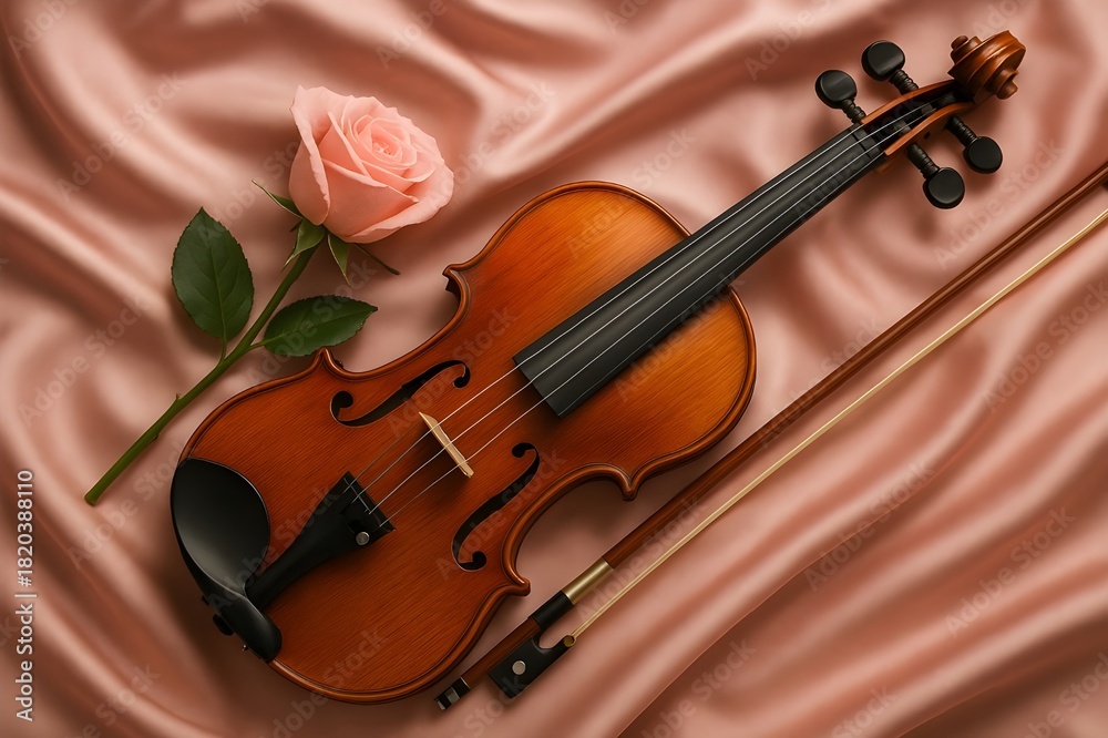 Fototapeta premium Classic Wooden Violin and Bow with a Pink Rose on Soft Pink Satin Silk Background