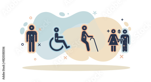 This vector illustration showcases a variety of accessibility icons representing individuals with different needs, promoting inclusivity and universal design principles.