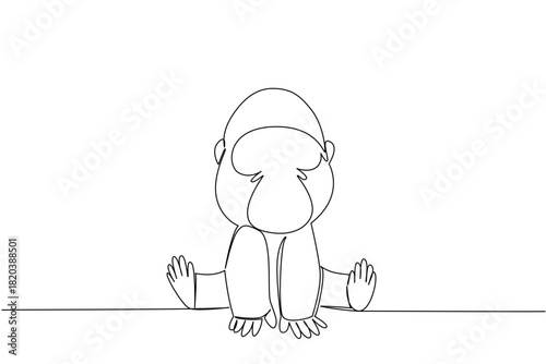 Single line draw of cute baby gorilla sitting with round head, tiny ears and gentle hands, a wildlife concept for cute wild animals cartoon sitting, ideal for nursery prints, stickers, and kids decor