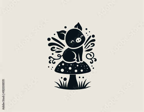 Charming black silhouette of a small winged piglet character resting comfortably on a spotted toadstool surrounded by stylized grass and delicate sparkling elements. Cute fantasy animal concept