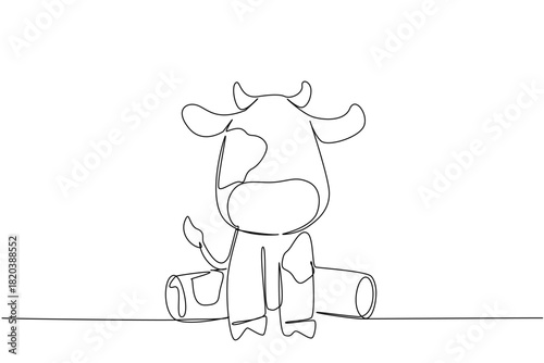 One line drawing of a cute baby cow sitting with spotted body and tiny hooves, a nature concept for cute wild animals cartoon sitting, ideal for nursery posters, stickers, and cheerful kids branding