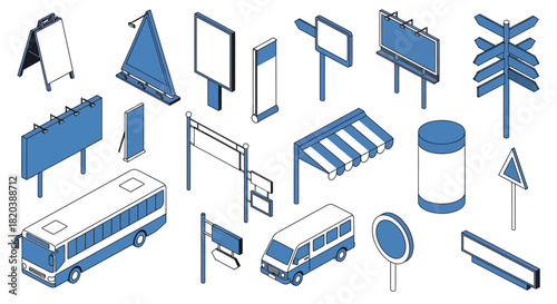 Isometric signage elements vector set advertising billboard mockup ads