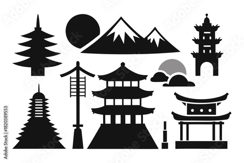 Japanese Culture Icons Set – Japan Symbols Silhouette Vector: Mt. Fuji, Torii Gate, Sushi, Kimono, Samurai, Bonsai