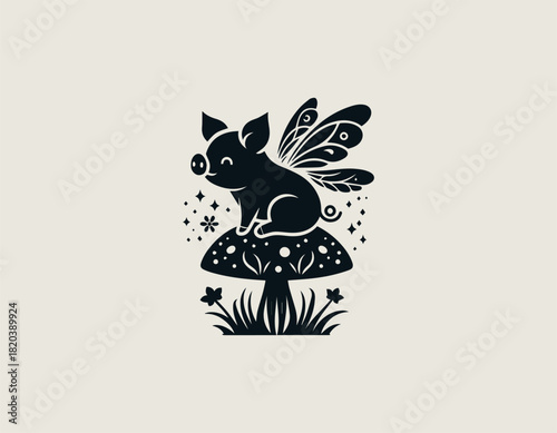 Charming black silhouette of a small winged piglet character resting comfortably on a spotted toadstool surrounded by stylized grass and delicate sparkling elements. Cute fantasy animal concept