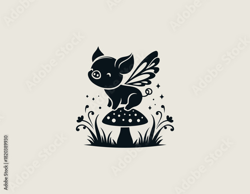 Charming black silhouette of a small winged piglet character resting comfortably on a spotted toadstool surrounded by stylized grass and delicate sparkling elements. Cute fantasy animal concept