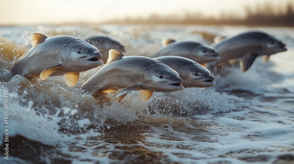 Obraz premium Salmon leap through river waves