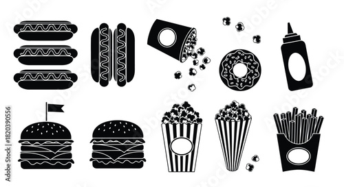 Fast food icons vector illustration junk food burger hotdog popcorn