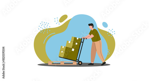 A delivery man is transporting a stack of cardboard boxes on a push cart, ready for distribution, against a modern, abstract background with organic shapes.