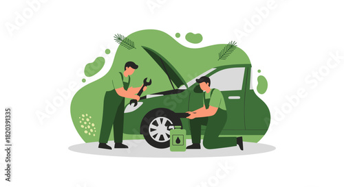 A vector illustration depicts two mechanics in green uniforms repairing a car with the hood open, showcasing automotive maintenance and service in a stylized design.