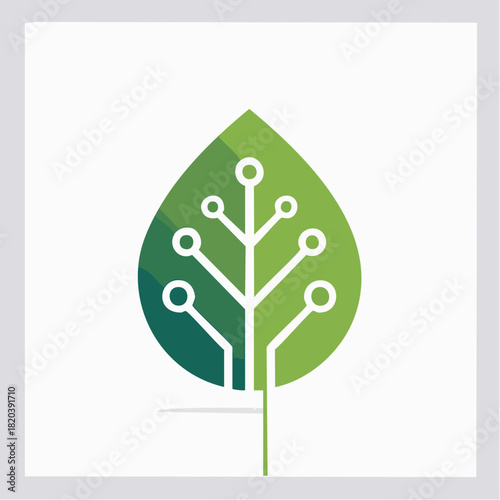 Vector icon of a green leaf with an integrated circuit board design, symbolizing green technology, agritech, and sustainable innovation