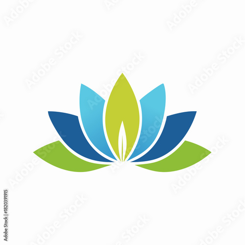 Elegant abstract lotus flower illustration with harmonious green and blue petals, ideal for themes of wellness, nature, and spiritual growth, representing purity and balance