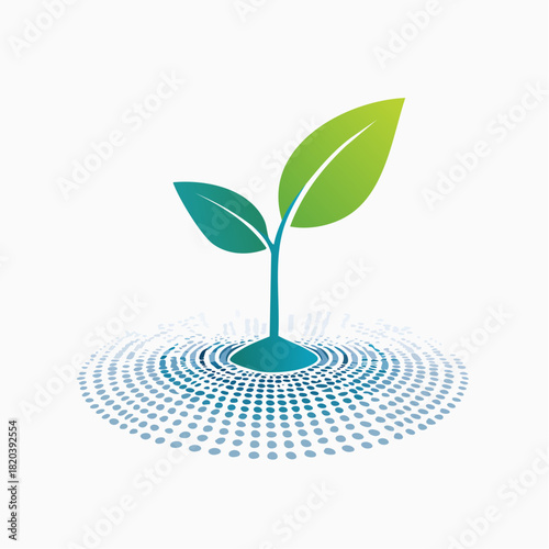 A single green plant with two leaves sprouting from a circular, dotted pattern that resembles water ripples or a digital network, symbolizing growth and eco-technology