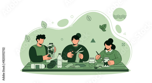 Three individuals creatively upcycle materials, transforming old items into new, sustainable crafts, promoting recycling and environmental responsibility.