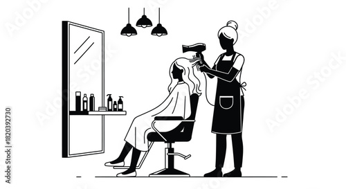 Professional stylist blow drying a customer's hair in a salon setting