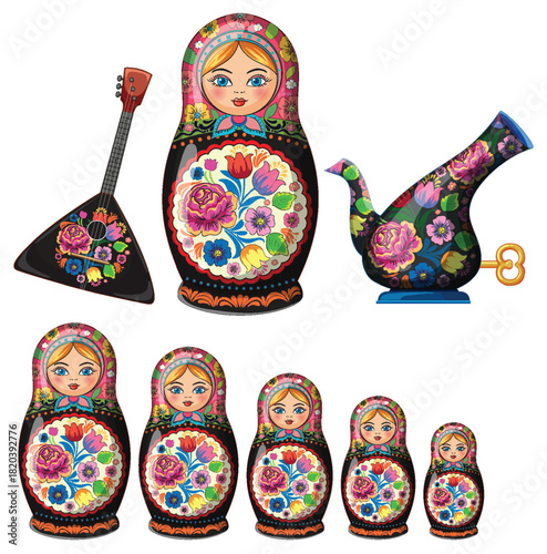 Traditional Russian Nesting Dolls with Folk Art Elements