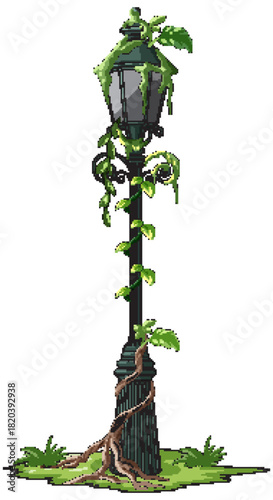 Overgrown Street Lamp with Climbing Green Vines
