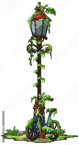 Overgrown Lamp Post and Bicycle in Abandoned Urban Setting