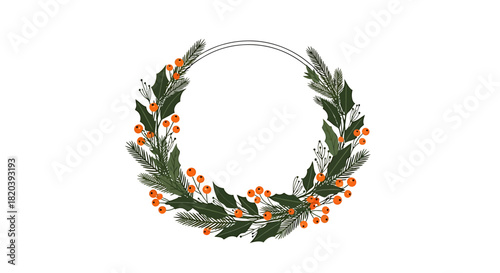 Christmas Wreath with Orange Berries and Leaves