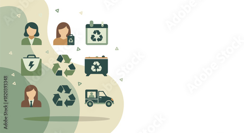 A collection of illustrated icons representing recycling, environmental awareness, and sustainability concepts on a light background.