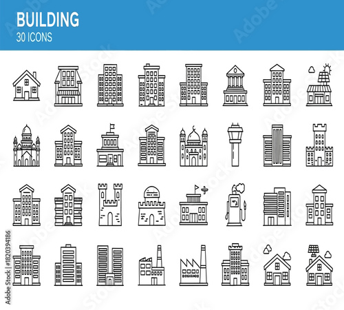 Illustration of thirty line art building icons, showcasing diverse architectural styles for residential, commercial, and public structures, isolated on white background