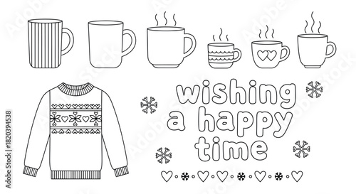 Cozy winter vibes with mugs and sweater wishing a happy time design