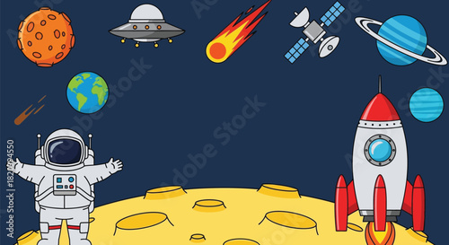 Astronaut explores the moon with rocket and planets illustration