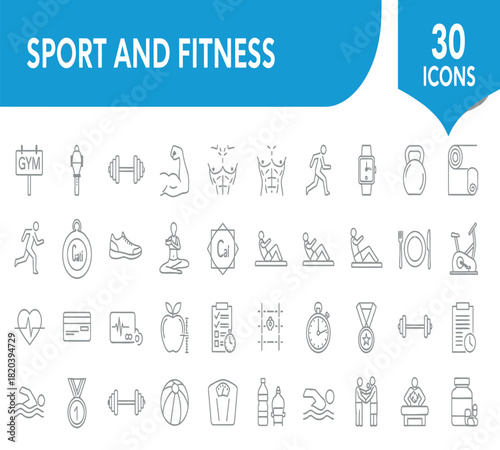 Illustration of sport and fitness line icons collection with gym equipment, exercise activities, and healthy lifestyle elements, isolated on white background